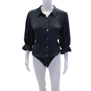 Ramy Brook Womens Long Sleeve V-neck Button Collar Bodysuit Blouse Navy Size L